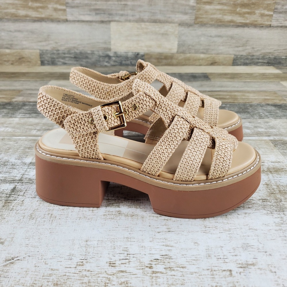 Dolce Vita Lotty Womens Platform Sandal Sz 7.5 Beige Raffia Block Heel Slingback